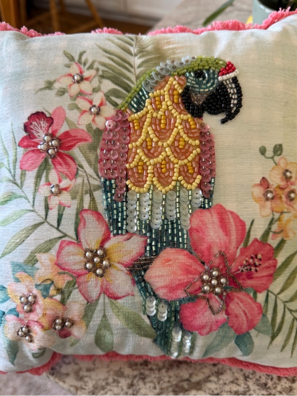 Pair (2) Beaded Parrot Accent Pillows
